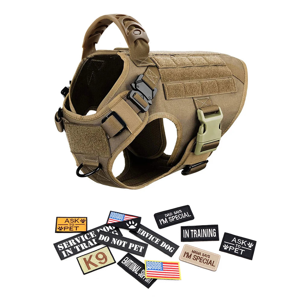 Tactical Dog Harness Collar Leash Bags Patches Set